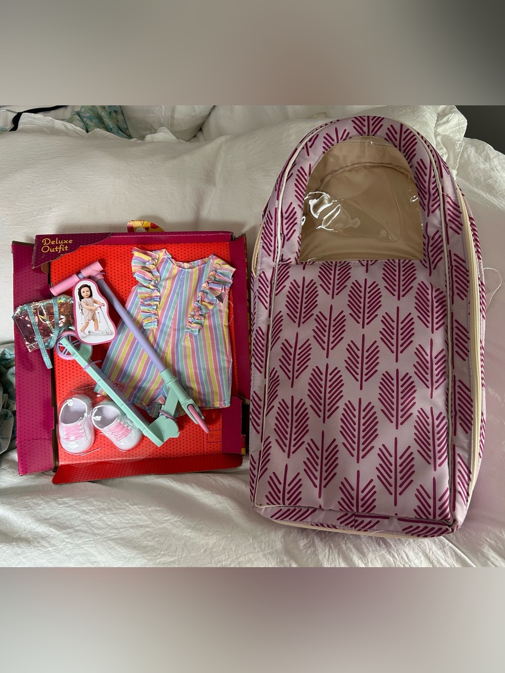 Our Generation Going My Way Doll Carrier/Backpack and NWT Ride Rainbow Outfit